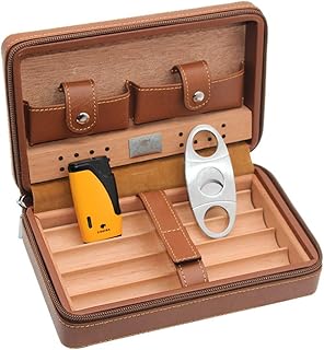 AKT Étui pour Cave à Cigares avec Briquet et Coupe-Cigare Boîte de Jeu D'humidificateur de Cigare de Voyage en Cuir de Bois de Cèdre Portable