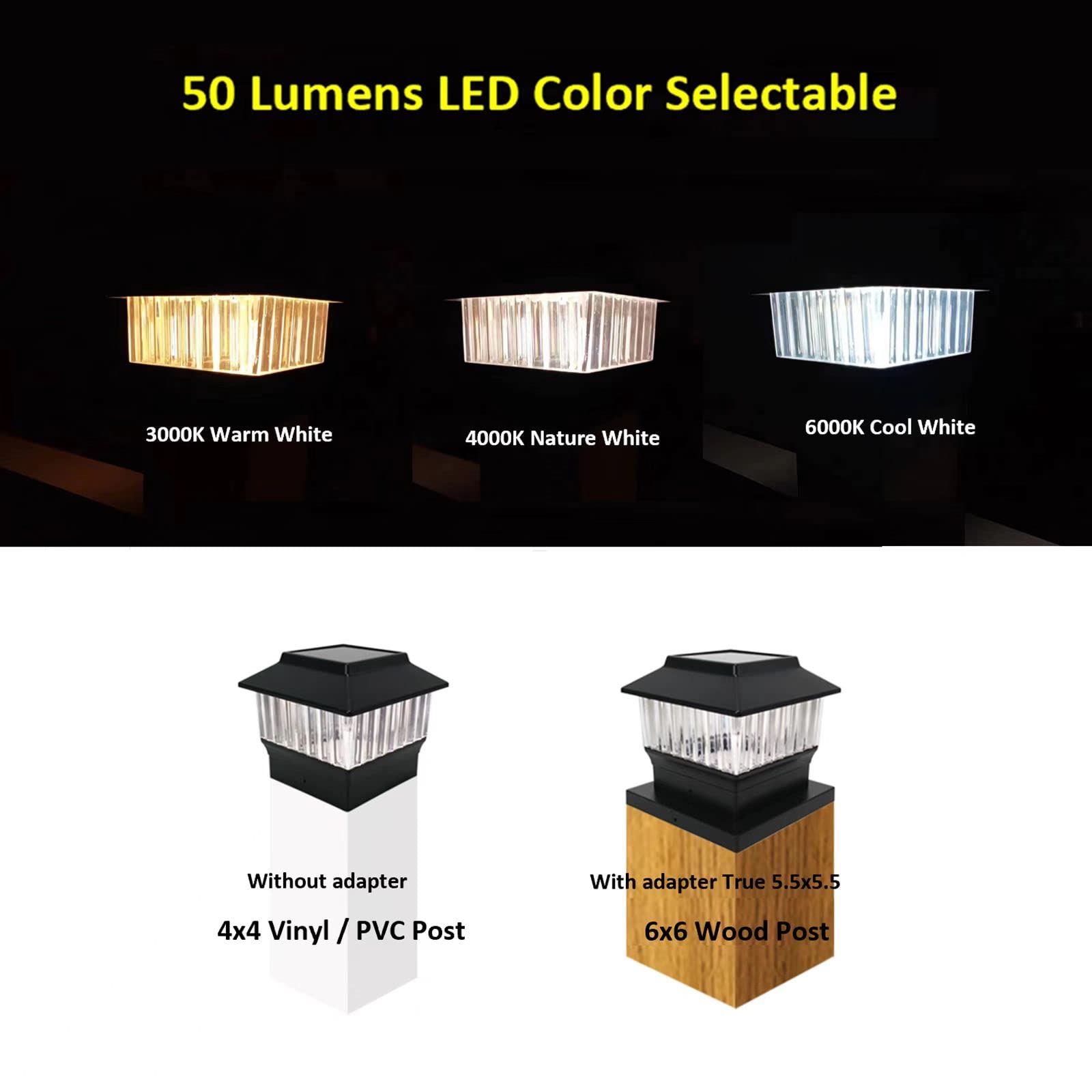 50 Lumen Solar-Pfosten-Leuchten passend für 10x10 cm Vinylpfosten, 15x15 cm Holzpfosten, LED-Farbe wählbar, 3000 K/4000 K/6000 K, hohe Helligkeit, LED-Glühfaden, wasserdicht, schwarz, 1 Stück