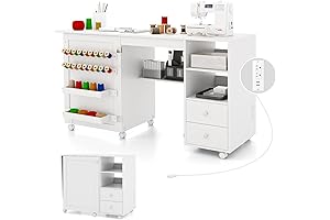 Foldable Sewing Table with Charging Station, Rolling Craft Table with Drawers, Foldable Sewing Machine Cabinet