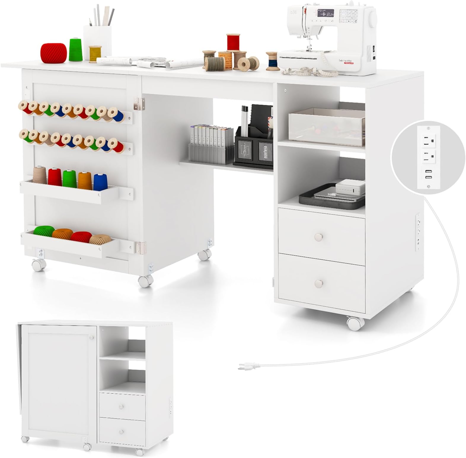 Giantex Folding Sewing Table with Charging Station, Rolling Craft Table with Storage Shelves and Drawers, 18 Pegs, 2 Trays, Foldable Sewing Machine Cabinet with 6 Lockable Wheels, White