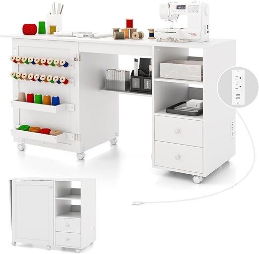 Giantex Folding Sewing Table with Charging Station, Rolling Craft Table with Storage Shelves and Drawers, 18 Pegs, 2 Trays, Foldable Sewing Machine Cabinet with 6 Lockable Wheels, White