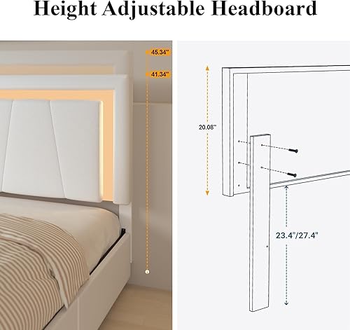 Miniatura 6 de Marco de Cama Queen con 4 Cajones de Almacenamiento y Cabecera Ajustable, Cama de Plataforma Tapizada con LED con Puertos Tipo C y USB, Soporte de