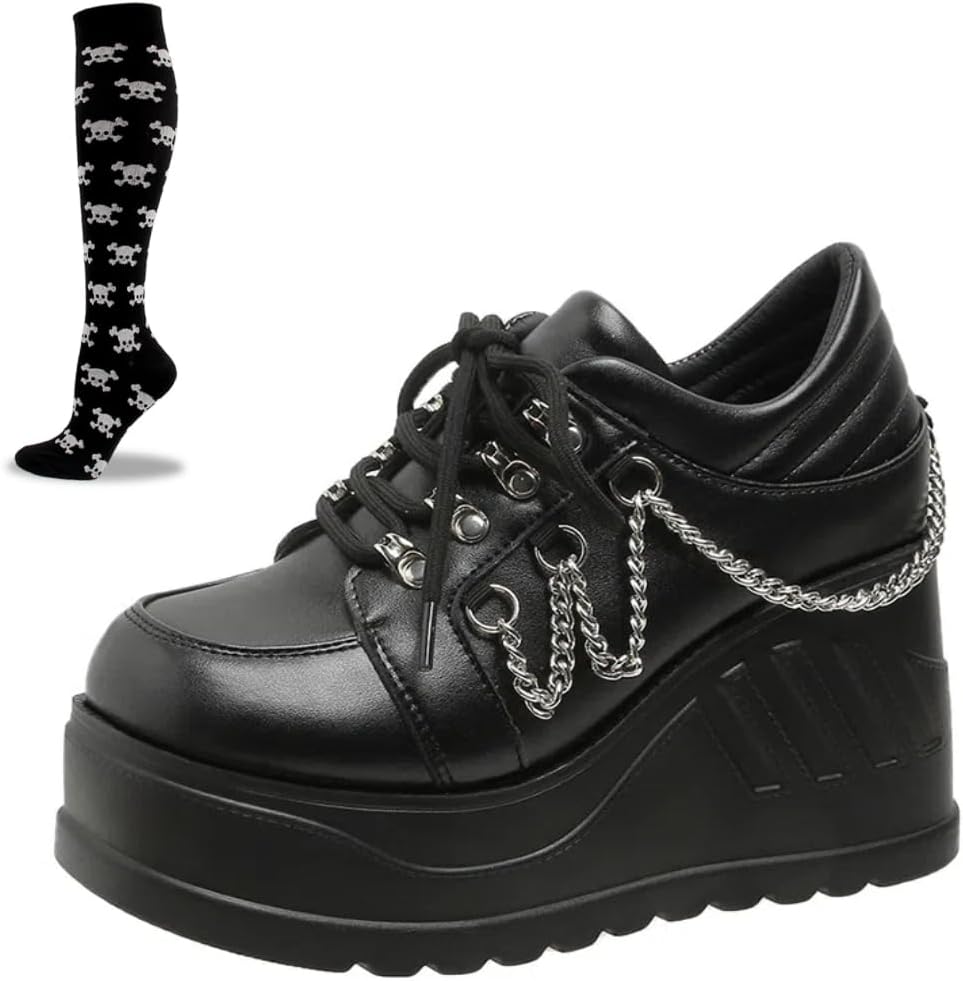 Cute Emo Shoes Platform Y2K Grunge Black Wedge Heels Low Boots with Metal Chains Charms for Women Teen Girls Chunky Goth Punk Kawaii Retro Gifts for Daughter Streetwear Back to School