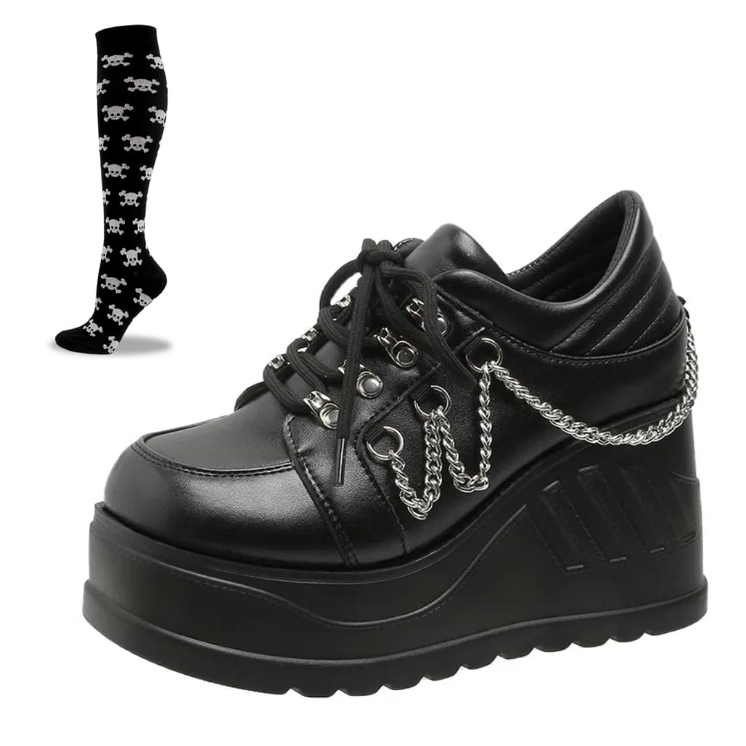 Cute Emo Shoes Platform Y2K Grunge Black Wedge Heels Low Boots with Metal Chains Charms for Women Teen