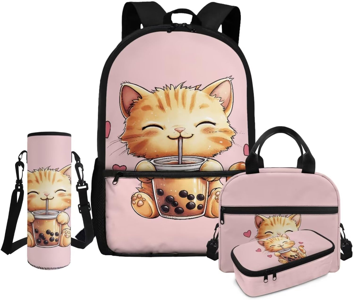 HUGS IDEA School Backpack for Girls with Lunchbox Funny Cat Backpack for Girls 6-8 Lightweight 4 in 1 School Bag Set for Girls Large Capacity School Bookbag for Elementary School Daypack