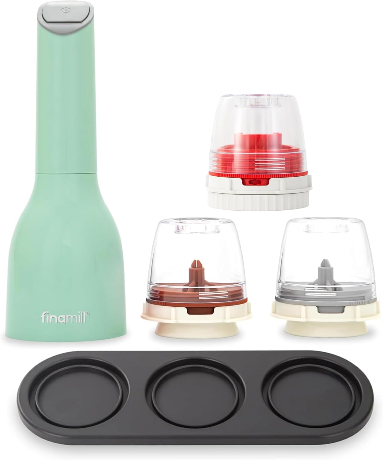 FinaMill Classic Battery-Operated Spice Mill Bundle with Interchangeable Pods, Greater Pod & Stackable Trio Tray – One-Handed Grinding, Adjustable Coarseness - Valentines Day Gifts for Food Lovers