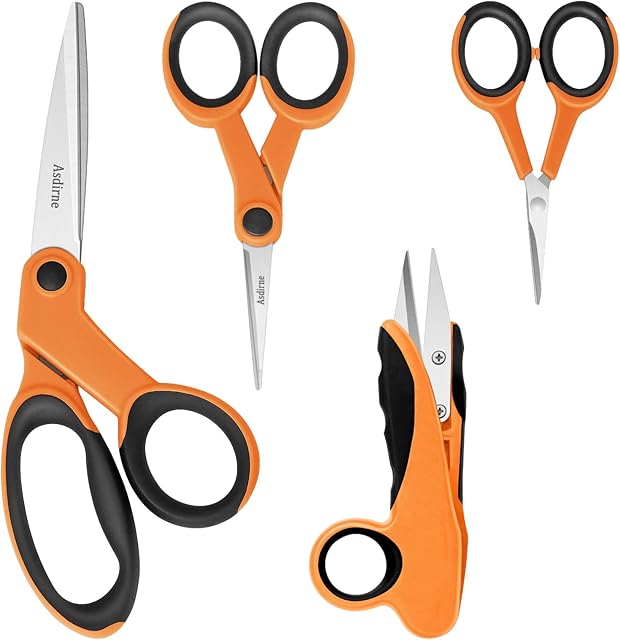 Fabric Scissors, Scissors Set with Sharp Stainless Steel Blade and Soft Handles, Including Sewing Scissors, Craft Scissors, Thread Snipers and Embroidery Scissors, 4PCs, Orange/Black