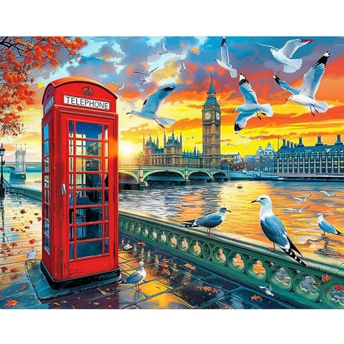 DAERLE Pintura Acrilica por Números para Adultos y Principiantes, Calle de Londres, Acuarela Painting by Number Kit con 3 Pinceles, Paisaje, decoración para el hogar 50x40cm Sin Marco