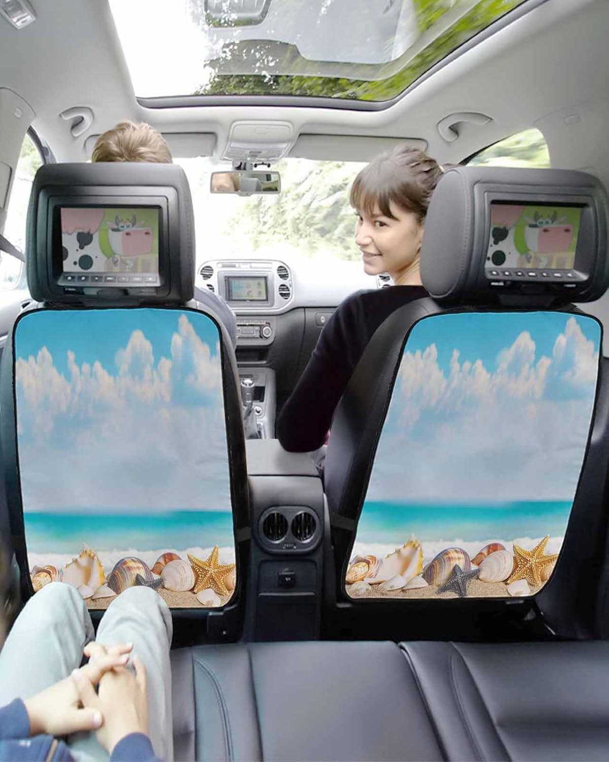 Car Seat Protector, 2 Pack Kick Mats Back Seat Protector Rustic Vintage Summer Seaside Beach Shell Starfish Cloud Blue Sky Waterproof Backseat Cover for Universal Fit Automotive Interior Protectors