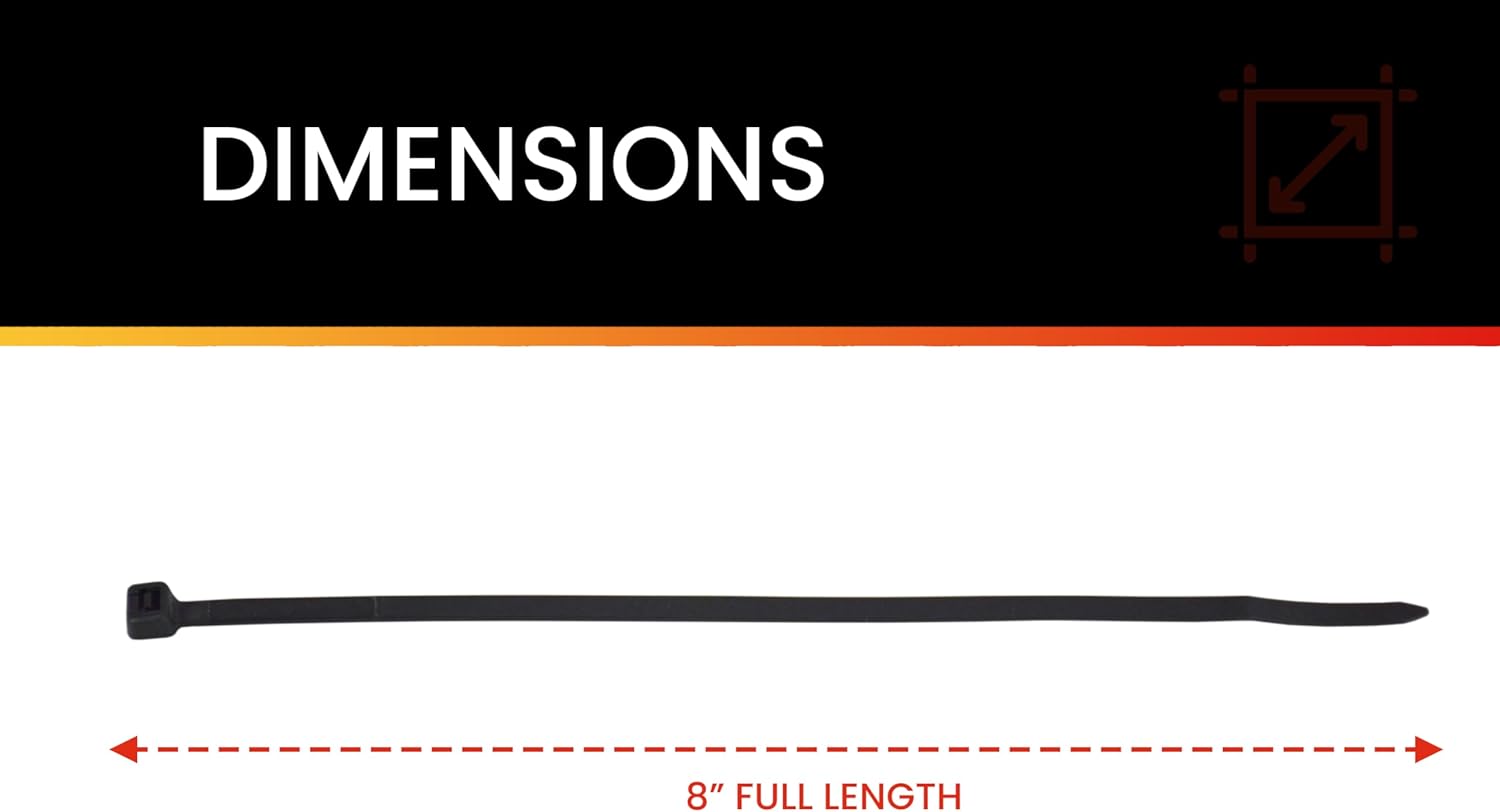 Pro Tie Standard Duty, Self-Locking UV Nylon Cable Wire Ties for Indoor and Outdoor Use |8-Inch, 50 lbs. Tensile Strength, UV Black Nylon, 25-Pack (PN: B8SD25)