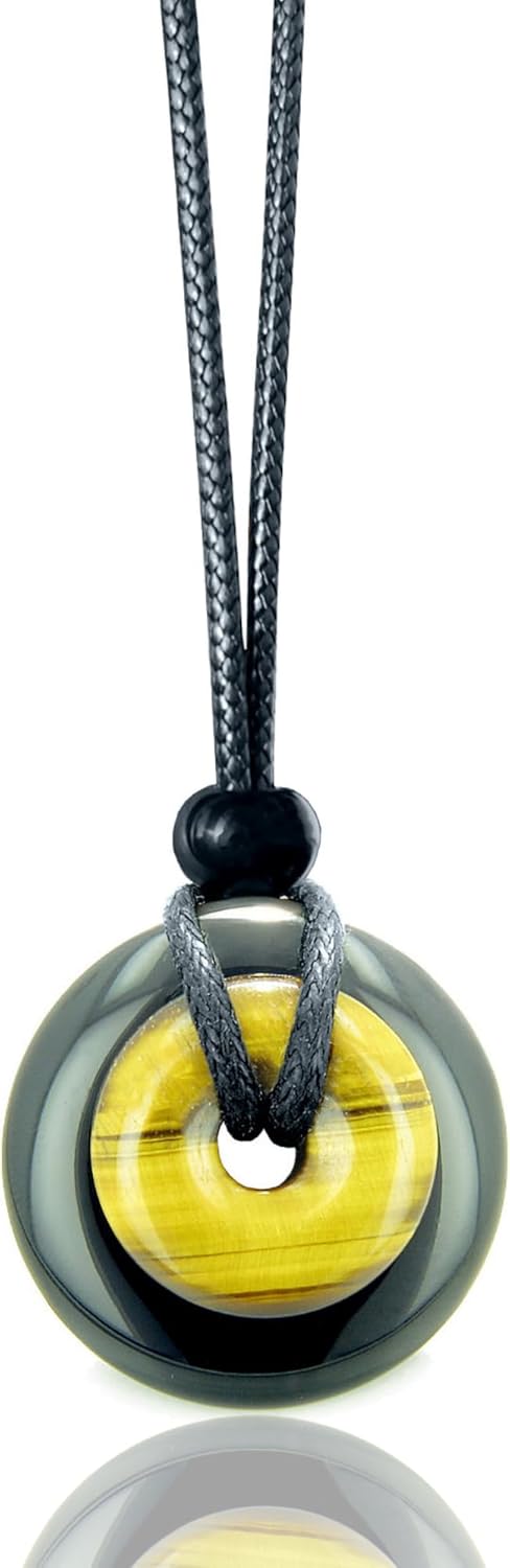 Double Lucky Donut Necklace - Real Gemstones and Crystals - Good Luck and Spiritual Powers Coin Shaped Circle Amulets - Adjustable Black Cord - Positive Energy Gift for Women and Men