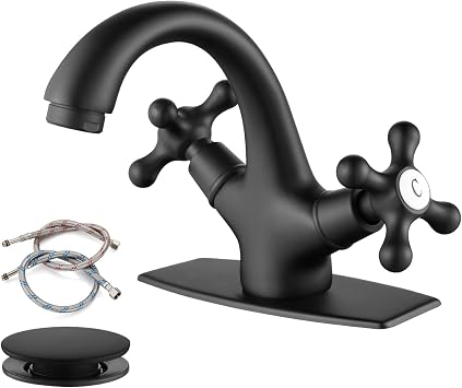 gotonovo Bathroom Sink Faucet 1 Hole Double Cross Handle, Matte Black | Bathroom Faucet 1 or 3 Hole Vintage,Deck Plate,Solid Brass,Pop Up Drain,24 cUPC Supply Hoses,for Basin Vanity RV Farmhouse