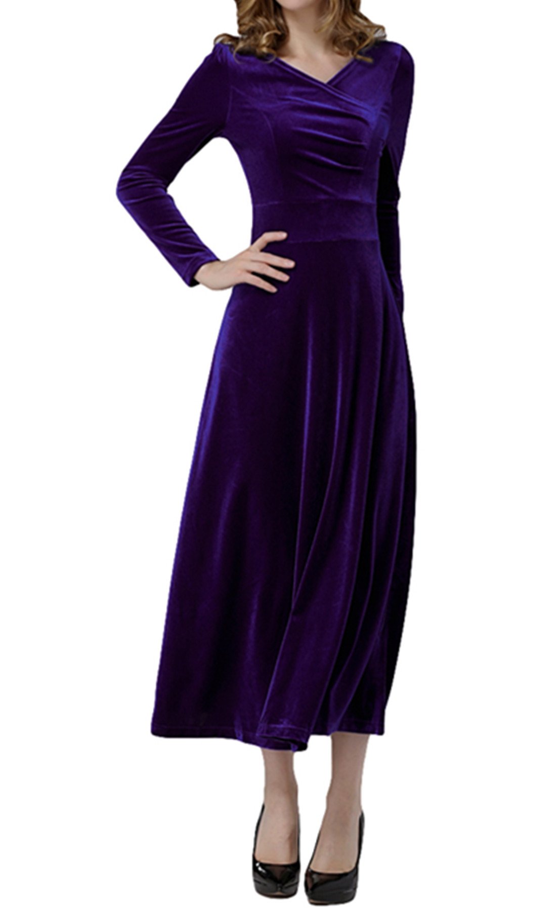 Robe trapèze longue en velours extensible avec col en V pour femme