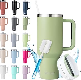 Thermobecher mit Strohhalm 40oz/1.2L, Trinkbecher mit Deckel und Strohhalm, Edelstahl Vakuum Isolierbecher mit Henkel, Großer Kaffeebecher to go Autobecher für Heiße & Kalte Getränke, Grün