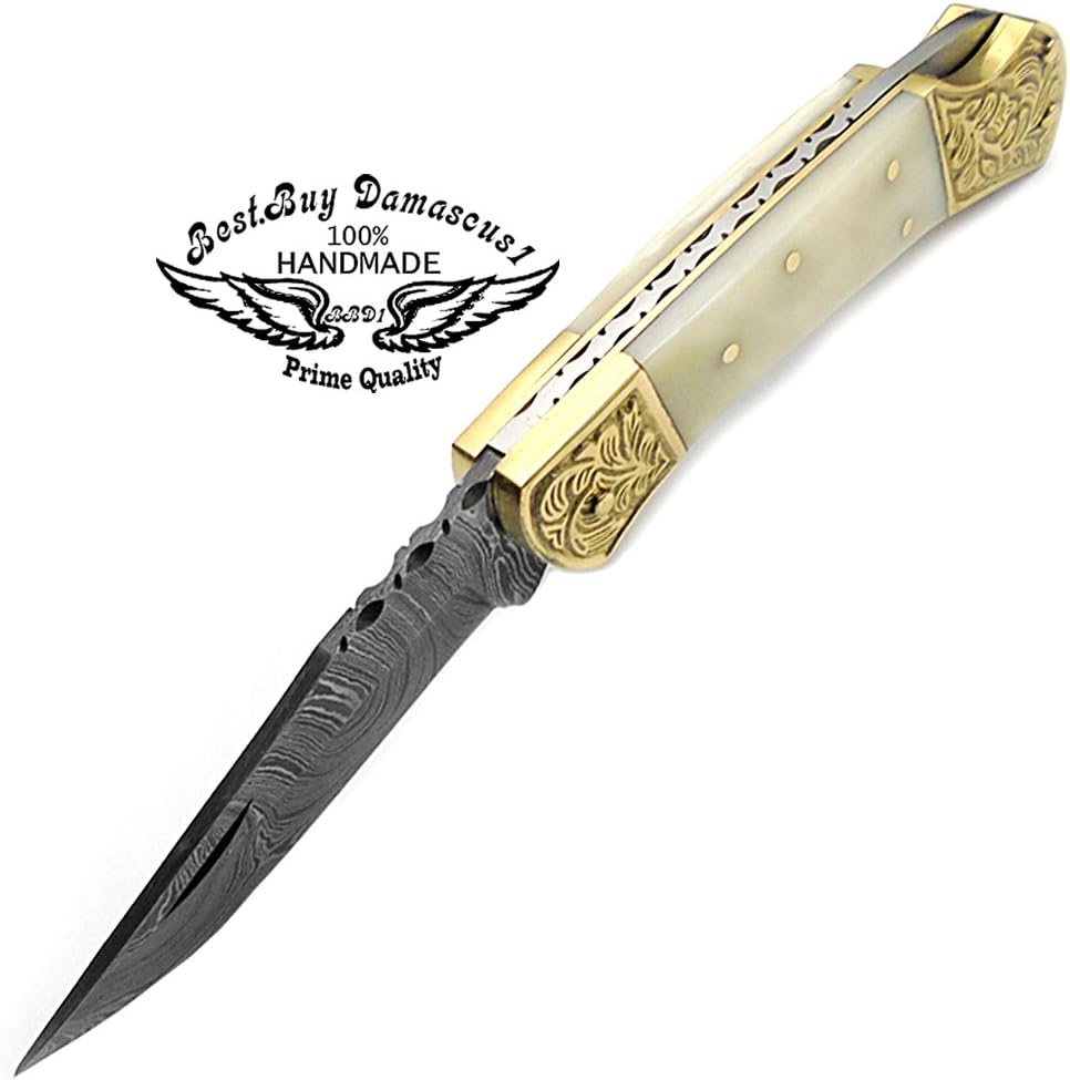 Best.Buy.Damascus1 Damascus pocket knife, Folding knife, Pocket Knife For Men, Knife Set with knife sharpeners Premium Quality gifts for men (Camel Scrimshaw)