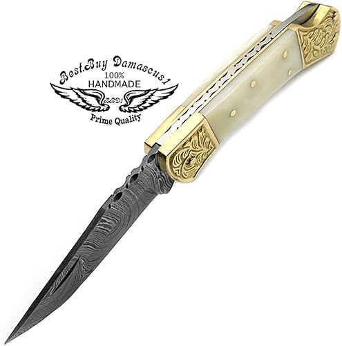 Miniatura 5 de Cuchillo de latón de hueso camello doble blster cuchillo plegable de caza con Scrimshaw Work 7.6 pulgadas hecho a mano de acero damasco cuchillo de