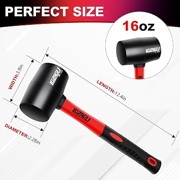 16oz Rubber Mallet Hammer, Fiberglass Handle, Rubber Mallet for Flooring, Tent Stakes, Woodworking, Camping, Soft Blow Tasks without Damage