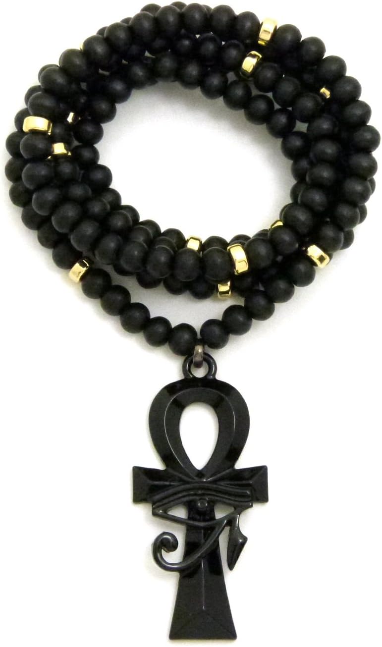 Egyptian Eye of Heru on Ankh Pendant 6mm 30 Wooden Bead Chain Necklace in Jet Black Tone (Gold Metal Joint Piece Wood)