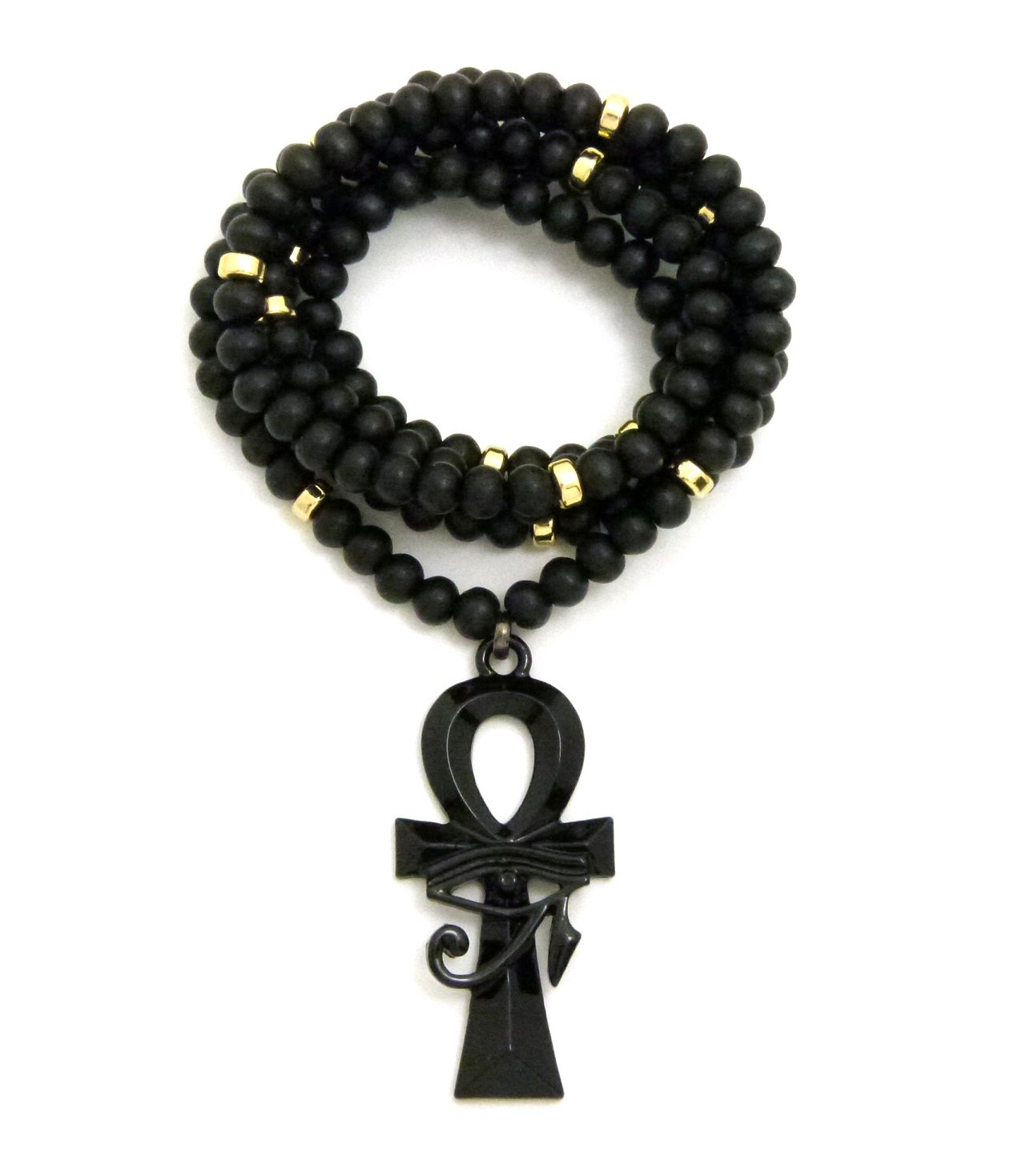 Egyptian Eye of Horus Ankh Pendant Necklace, 30 inches, 6mm Black Wooden Beads, CCB Beads