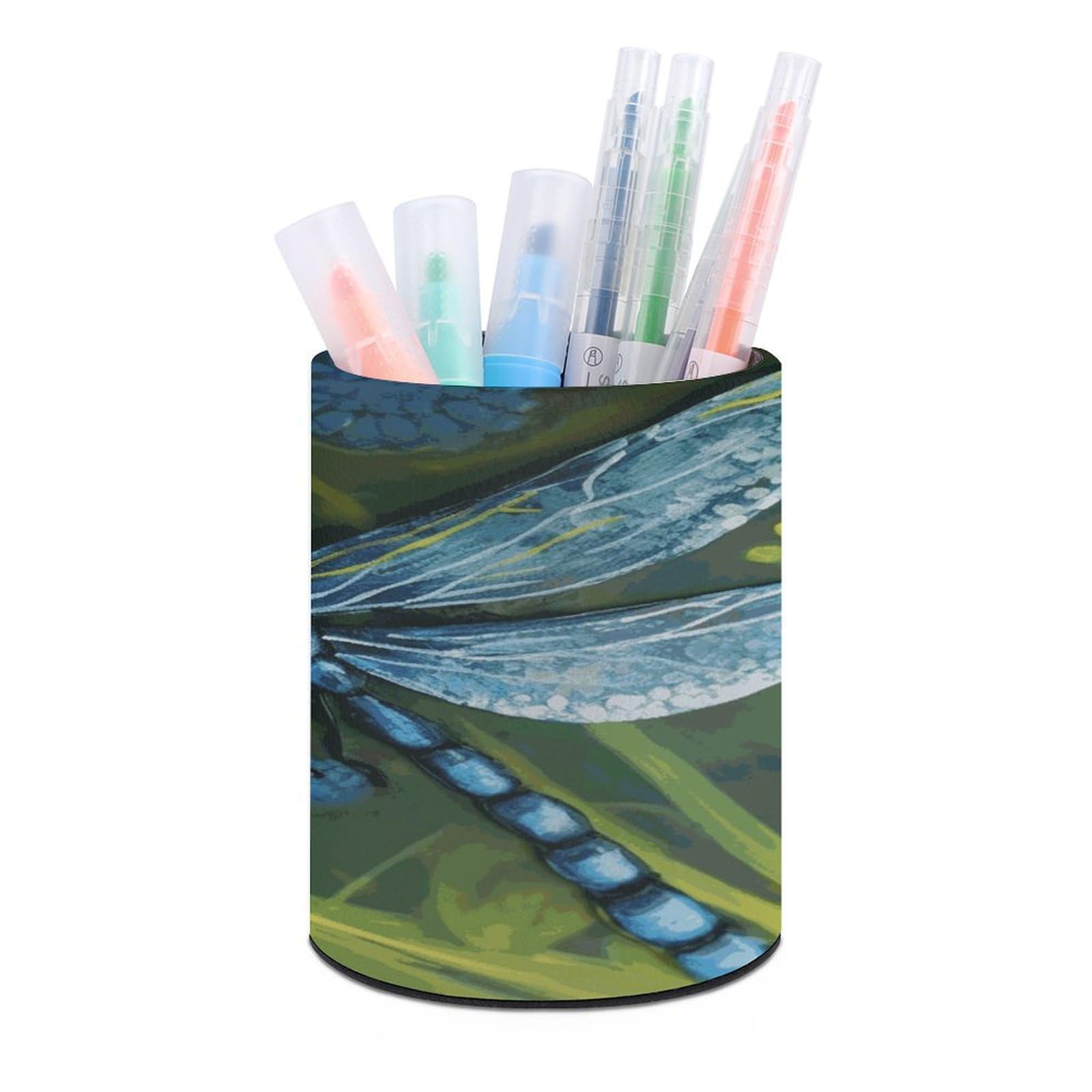 JTREHY Hand Painted Blue Dragonfly Pen Holder Round Pen Pencil Holder Makeup Brush Holder Cup PU Leather Pencil Cup Desktop Caddy Stationery Organizer Case Office Accessories Container Box