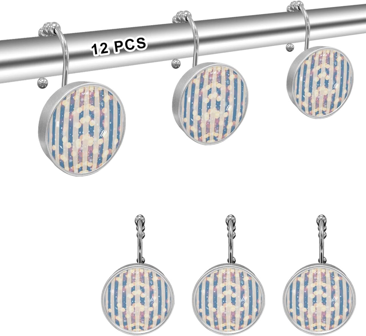 Stripes Shower Curtain Hooks, Circles Dots Snowflake Superposition 12PCS Shower Curtain Hooks Rings for Bathroom Stainless Steel Rust Resistant Shower Curtain Hangers