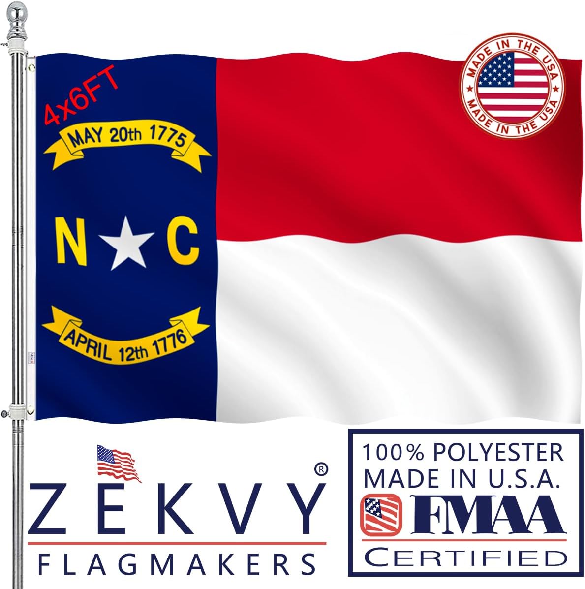 North Carolina Flag 4x6 Outdoor Made in USA - Double Sided Heavy Duty Vivid Color North Carolina NC Flags with 2 Brass Grommet