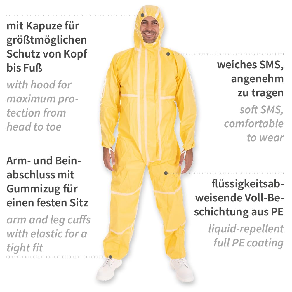FRANZ MENSCH 10 Stück Hygostar Overalls ChemicalStar Typ 3B+4B+5B+6B | SMS/PE, Karton, gelb, XXL, L: 180cm, Umfang: 142cm, Chemikalienschutzanzug, Einmalanzug, Laboranzug