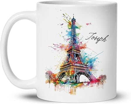 Colorful Paris Landmark With Custom Name, Customized Eiffel Tower Coffee Mug 11oz 15oz, Artistic Travel Themed Decorative Cup, Personalized Beautiful Eiffel Tower White Ceramic Mug