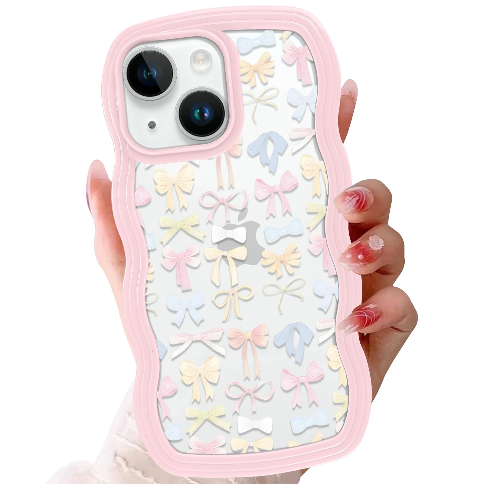Cute Bow Phone Case for iPhone 14/iPhone 13 6.1",Kawaii Girly Ribbon Wave Cases Aesthetic Bowknot Curly Wavy Cover for Women Girls,Clear Slim Shockproof Protection for iPhone 14,Pink
