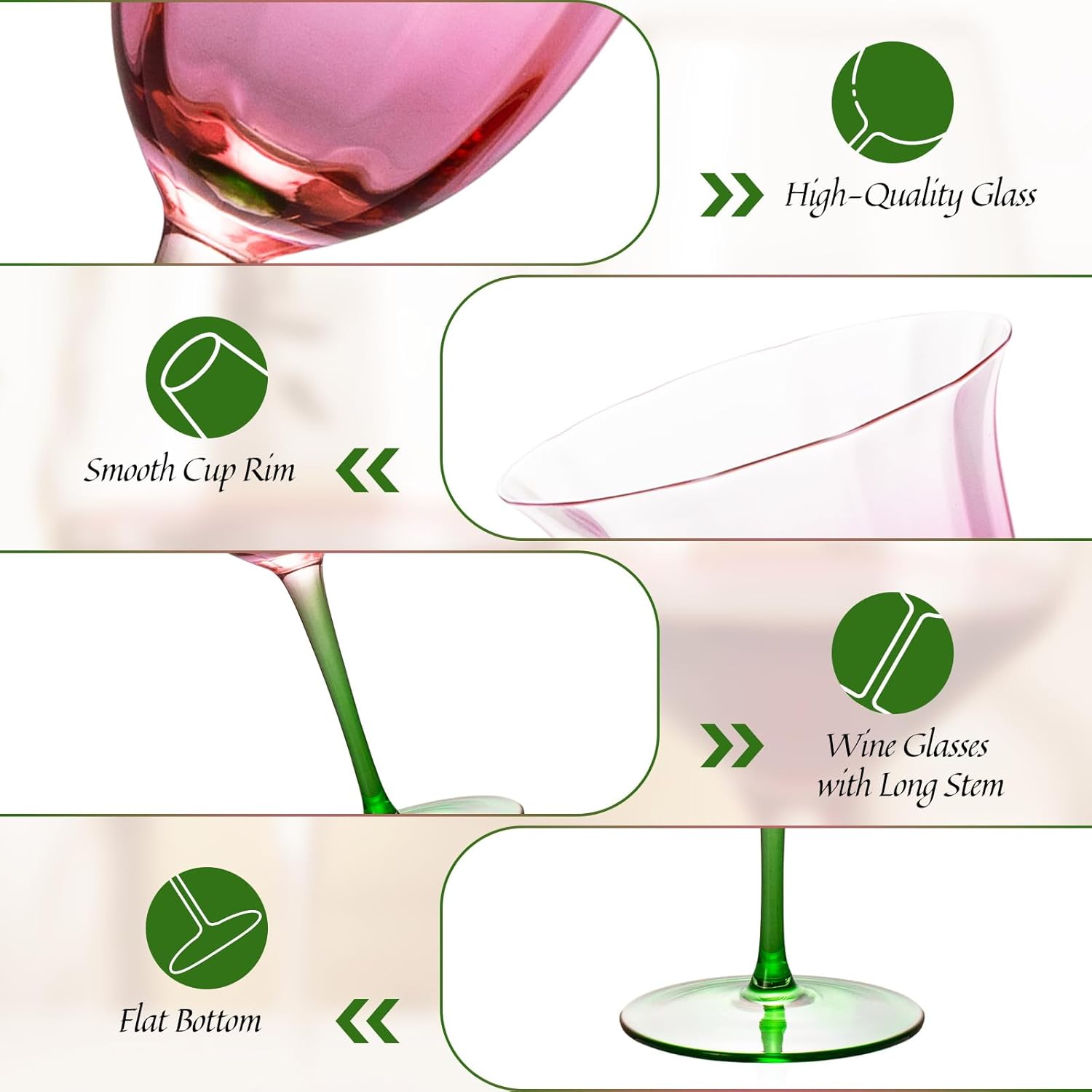 KAMMAK Wine Glasses Set of 2, 9.47 oz Hand Blown Crystal Bordeaux Wine Glasses, Thin Rim & Long Stem, Perfect for Red & White, Daily Use, Wedding or Birthday Gift with Gift Box, Pink-Green Flowers - Image 3