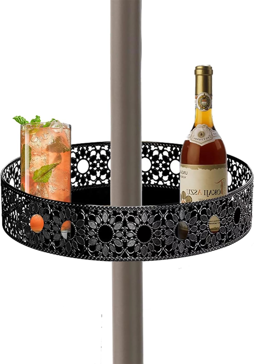 11'' Patio Umbrella Table Tray for Outdoor, Portable Round Table Tray with Umbrella Hole for Beach Patio Garden Pool Umbrella, Hollow Sunflower Shape, Black