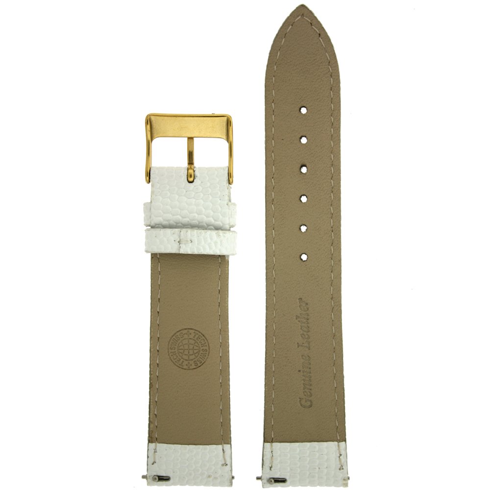 Tech Swiss 12mm Watch Band Genuine Leather Lizard Grain White Quick Release Built-in Pins Ladies Gold-Tone Buckle