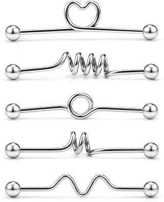 Ruifan 5PCS Industrial Barbell Earring الفولاذ المقاوم للصدأ 14 Gauge Cartilage Earring Body Piercing 1 1/2 Inch38mm- Coil، Wave، Twister، Spiral، Heart