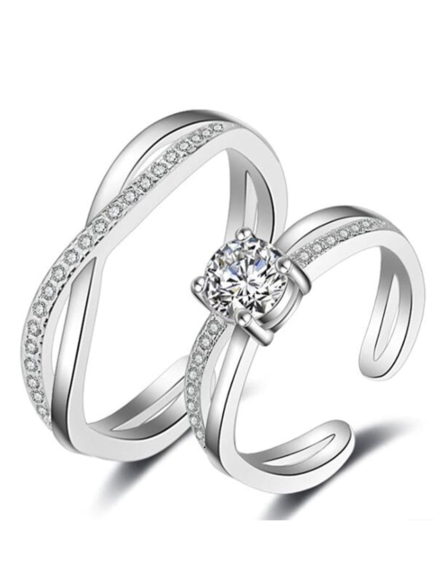 Bohey by KARATCART Luxurious Silver-Tone Solitaire American Diamond Couple Ring Set-picture-30