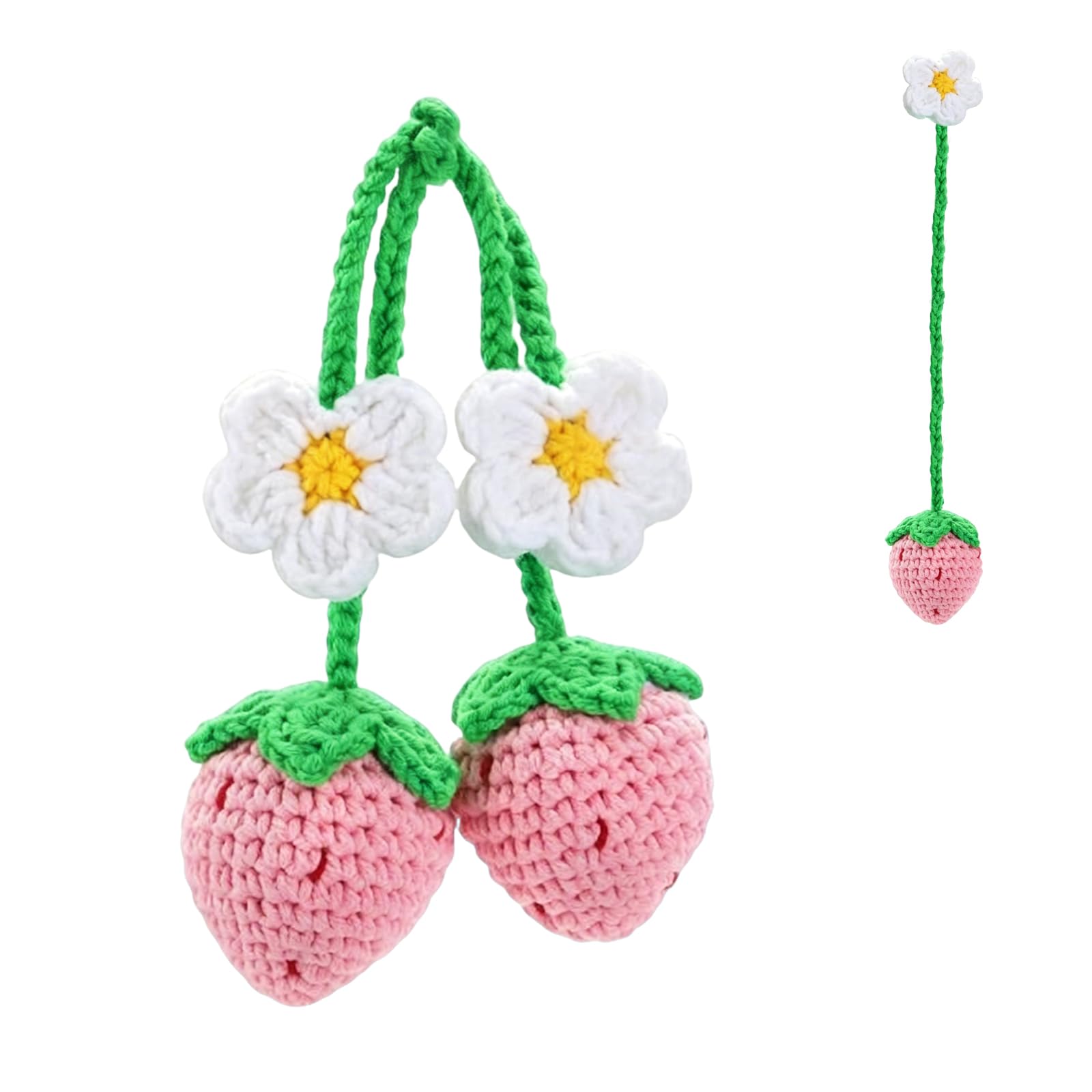 MMDOCO 2pcs Crocheted Car Accessories, Handmade Crochet Strawberry Hanging Ornament, Aesthetic Car Rearview Mirror Charms, Soft Fabric Hanging Decor for Car, Bag, for Women & Girls (Pink)