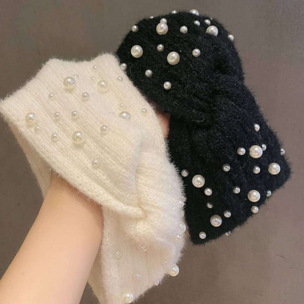 LUOZZY Winter Headbands For Women Pearl Headbands Ear Warmer Headband For Girl's Knit Soft Elastic Headband (White) - Image 8