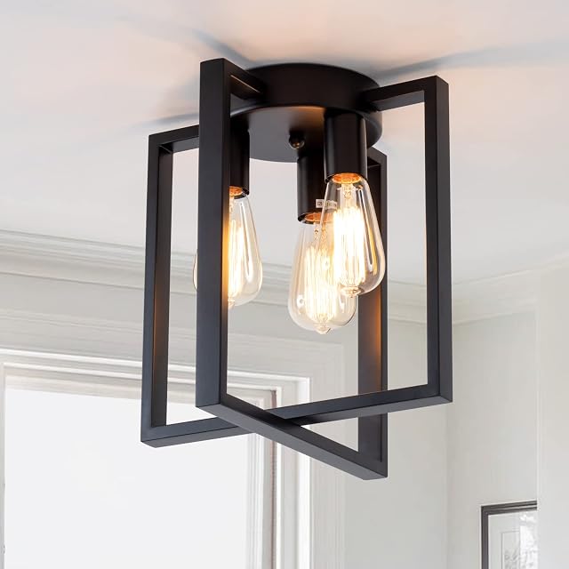 Flush Mount Ceiling Light Fixture, 3-Light Industrial Vintage Square Black Ceiling Lights, Farmhouse Modern Metal Geometric Ceiling Lamp for Living Room, Kitchen, Bedroom, Dining Room, Foyer, Hallway