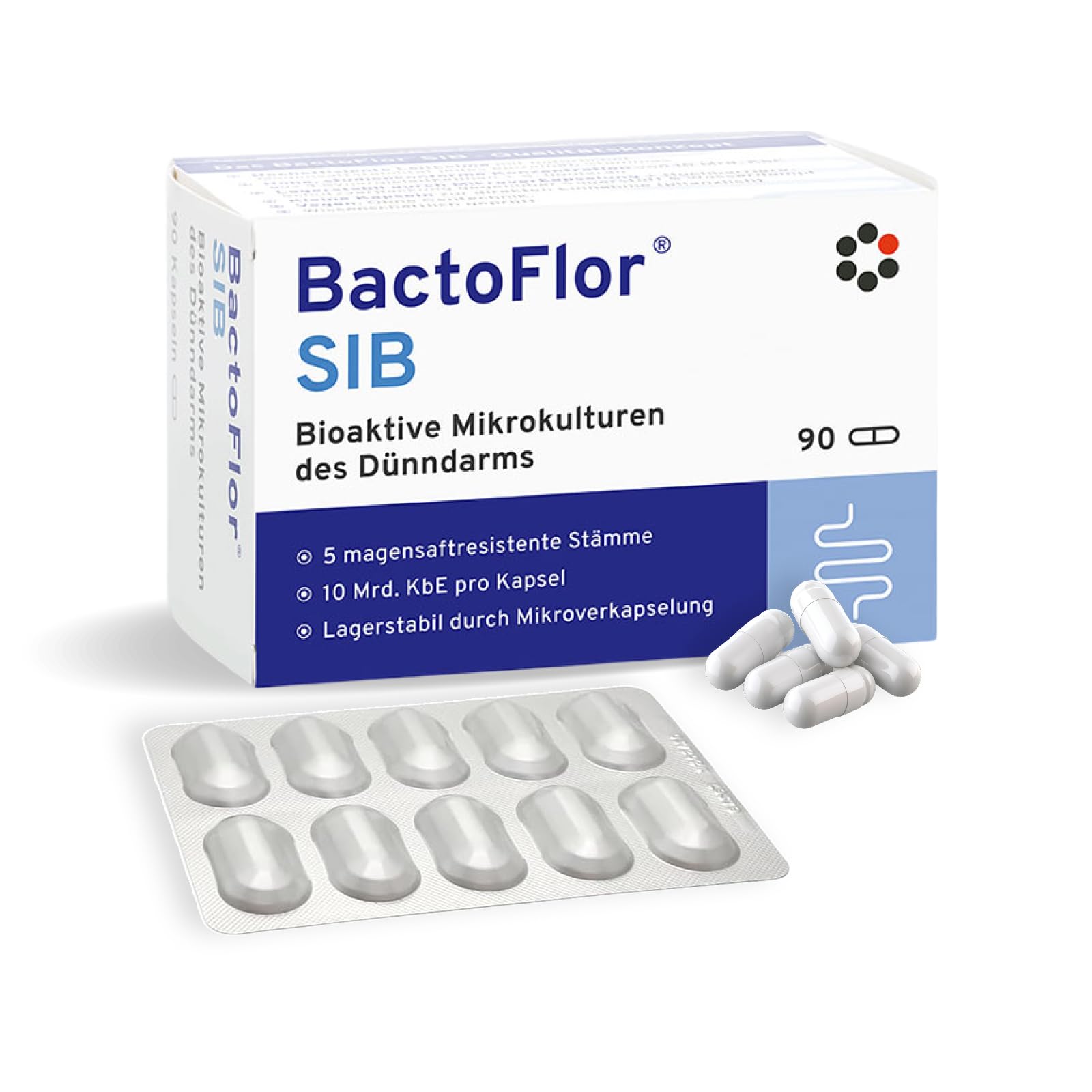 BactoFlor® SIB - Probiotika für den Dünndarm (90 Kapseln) - 4 Darmbakterien der Darmflora mit Saccharomyces boulardii & Milchsäurebakterien - 900 Mrd. KBE je Packung - laktosefrei & glutenfrei