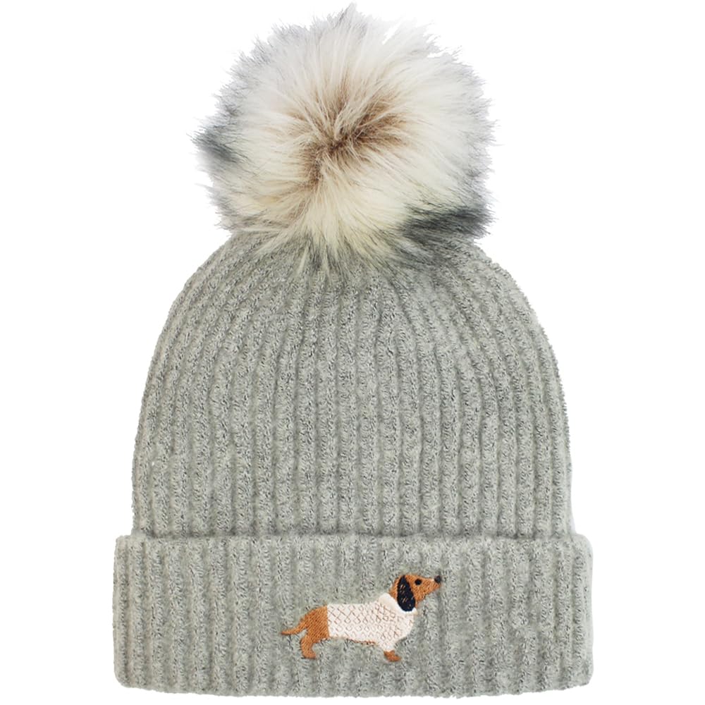 Teddyt's Women's Ash Grey Sausage Dachshund Dog Embroidered Luxury Fleece Lined Bobble Hat (Uk, Alpha, S, L, )