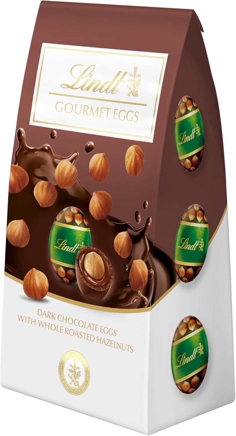 Easter Chocolate Eggs Variety Flavours & Fillings - For Easter Best gift for Friends & Family (Lindt Gourmet Eggs Dark Chocolate with Whole Roasted Hazelnuts 130g)