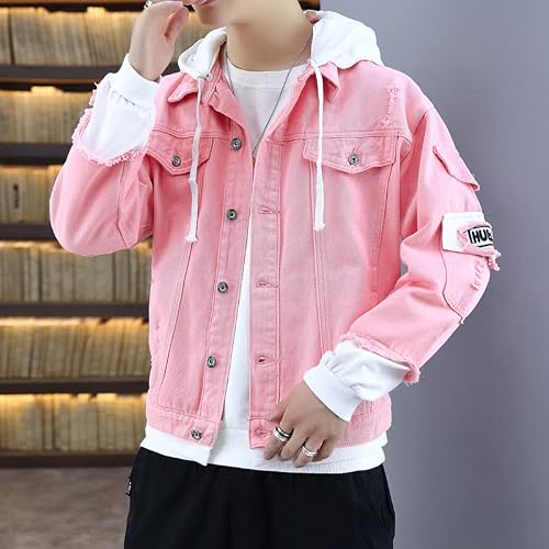 Tjfzjpxh Jacket Men Slim Streetwear Ripped Denim Jacket Hoodie Men Hip Hop Bomber Jacket Pink L #TOP6
