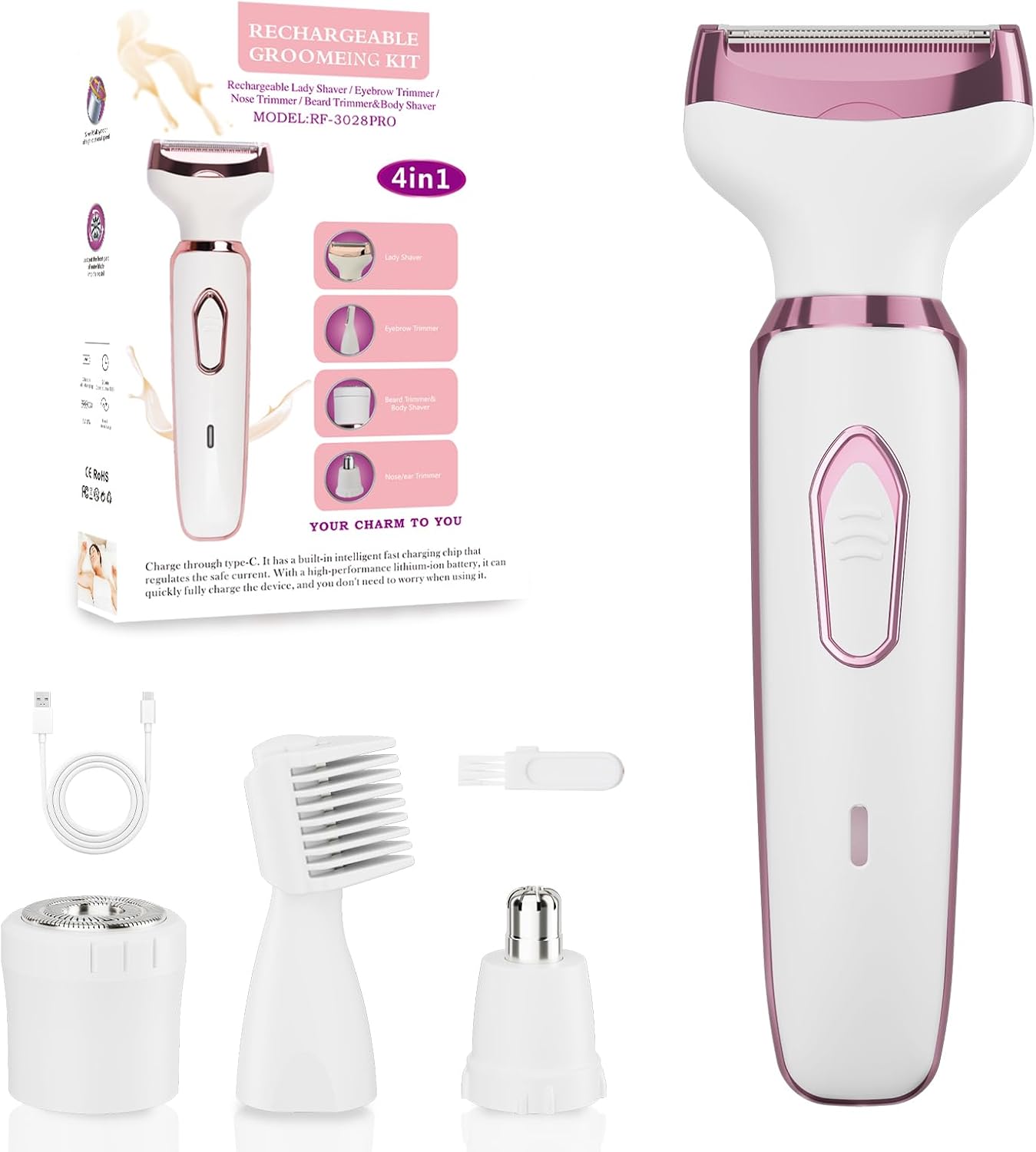 女性用電動カミソリ、ビキニトリマー 4イン1 充電式シェーバー 顔、脚、脇の下、陰毛用 &ndash; ウェット/ドライ使用、痛みのない脱毛