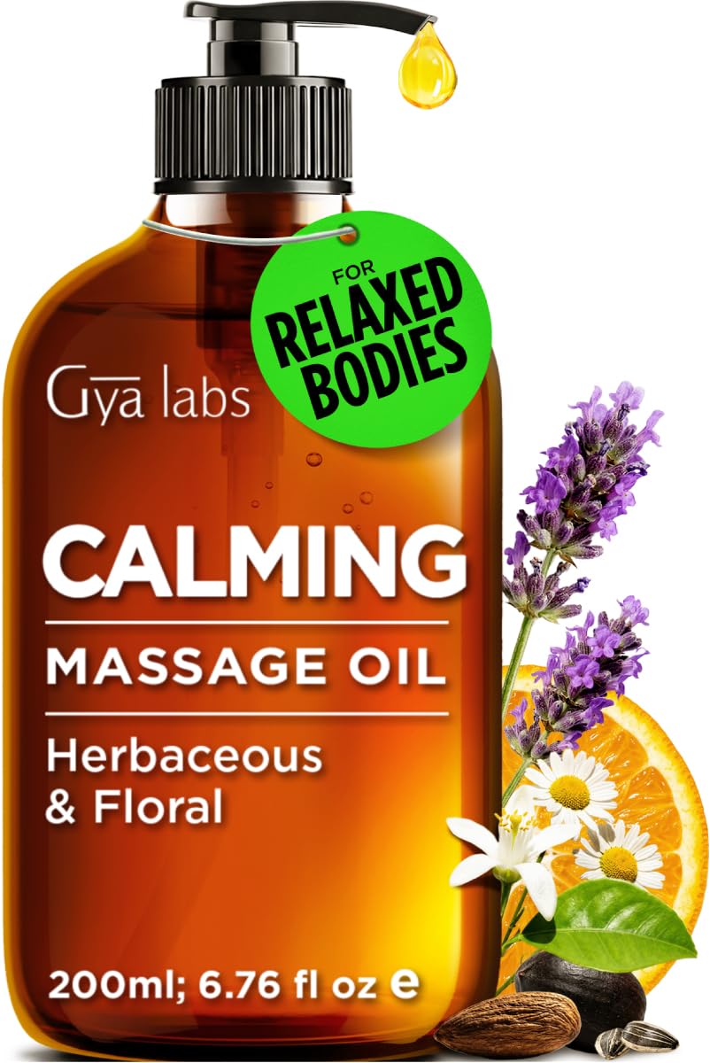 Gya Labs Aceite masaje calmante para terapia de masaje - Aceites de masaje de aromaterapia natural - Elaborados con aceites de lavanda, petitgrain, manzanilla, naranja dulce, jojoba y argán (200 ml)