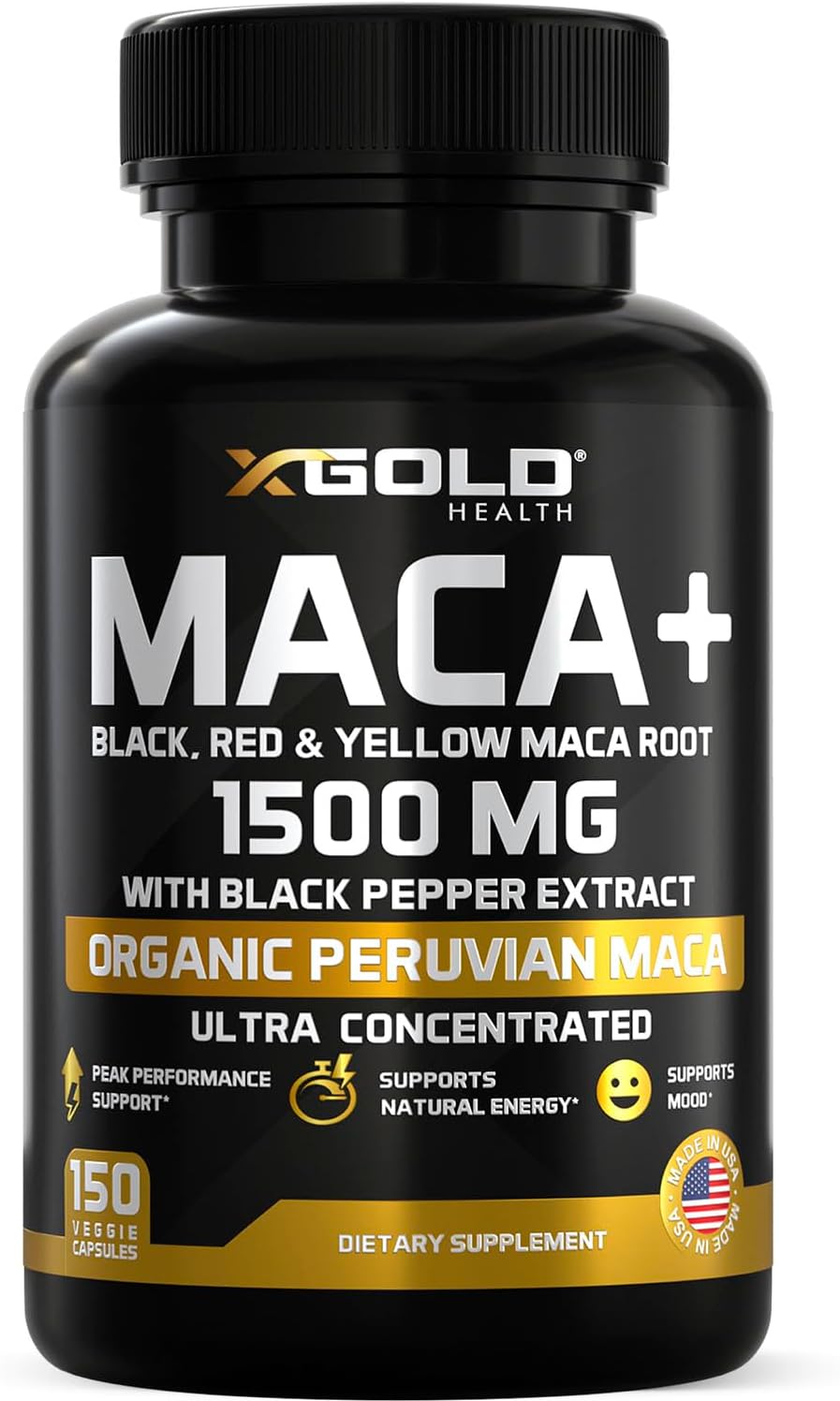 X Gold Health Organic Maca Root 1500 mg for Energy & Libido, 150 Capsules | Organic Peruvian Black, Red & Yellow Maca Blend,& Black pepper, Hormone Balance & Vitality Support for Men & Women
