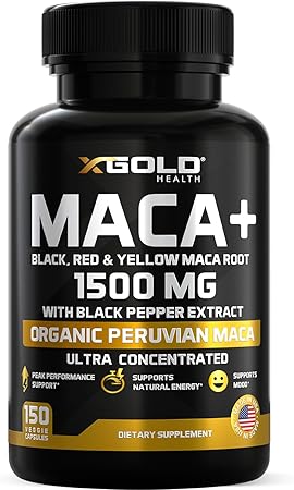 X Gold Health Organic Maca Root Powder Capsules 1500mg with Black | Red & Yellow Peruvian Maca Root Extract Gelatinized, Energy & Mood Supplement for Men & Women + Black Pepper for Best Benefits