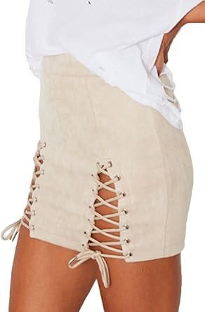 Meyeeka Womens Sexy High Waist Lace Up Bodycon Faux Suede Split Tight Mini Skirt