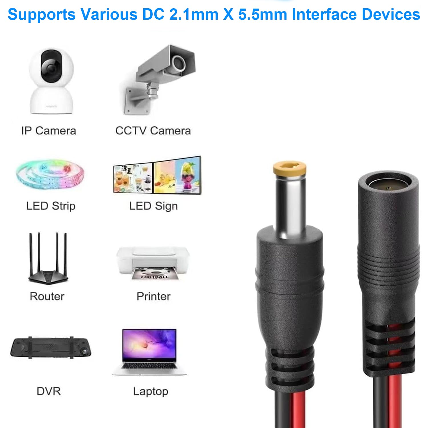 1 paire de câbles d'alimentation 12 V 5 A CC (18 AWG) - 2,1 mm x 5,5 mm - Connecteurs mâles et femelles CC pour caméra de sécurité CCTV et adaptateur d'alimentation 12 V (1 mâle + 1 femelle)