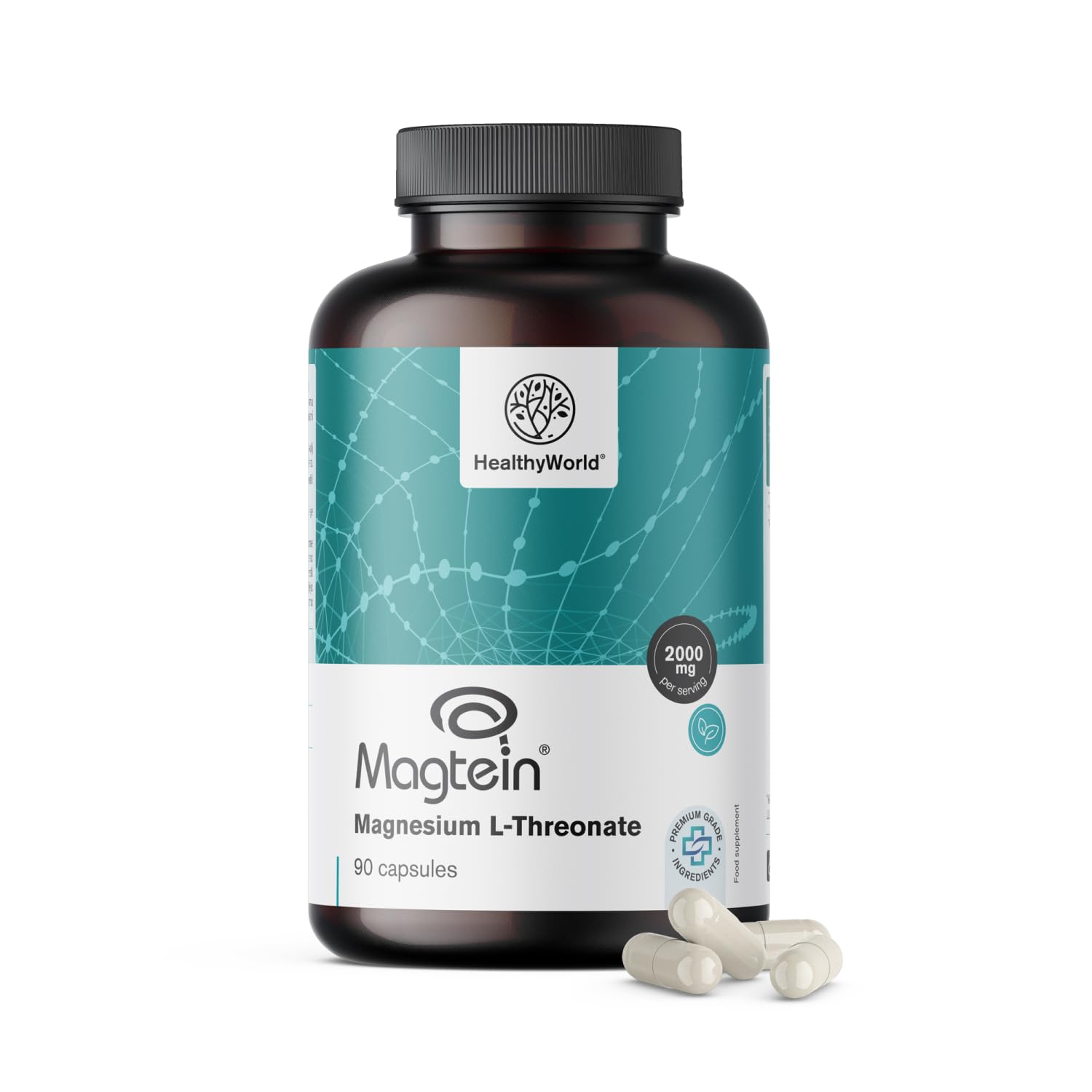 HealthyWorld L-treonian magnezu Magtein 2000 mg – 90 Kapsułek – Opatentowana forma – Wsparcie Układu Nerwowego i Witalności – Wysoka Absorpcja – Bez Alergenów