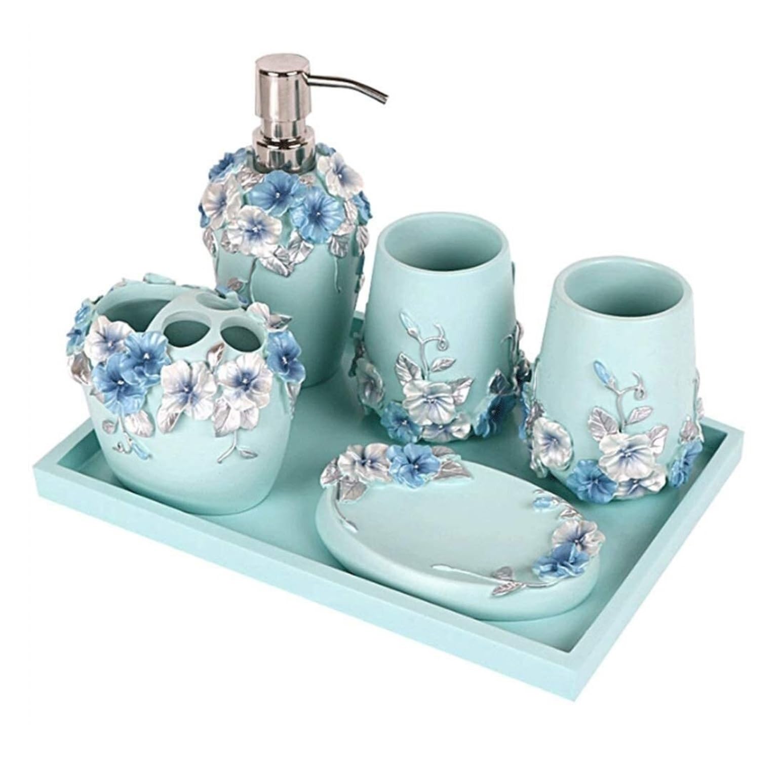 Accesorios Baño Set De Baño 6 Unids/Set Dispensador De Líquido Set De Accesorios De Baño Juego De Baño De Resina Soporte para Cepillo De Dientes Jabonera Juego Accesorios Baño(Blue)