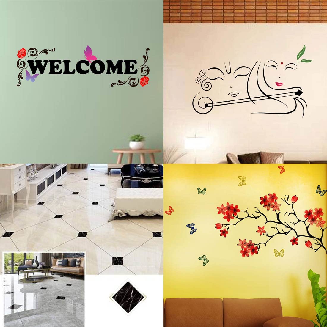 Ghar Kraft Set of 4 Combo Wall Stickers |Welcome|Radhe Krishna with Flute|Black with White Fiber Floor Sticker|Chinese Flower (B0C4386NRK) Amazon Price History, Amazon Price Tracker